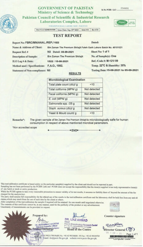Bin Zaman Shilajit Microbial ExaminationTest Report